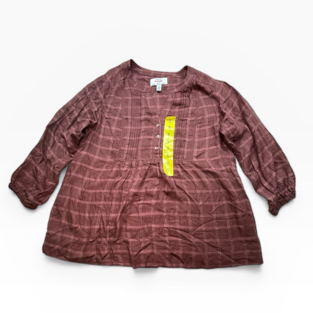 Western Boho Plaid Wrangler Peasant Blouse Burgundy Size S 3/4 Sleeve top NWT - Picture 2 of 13